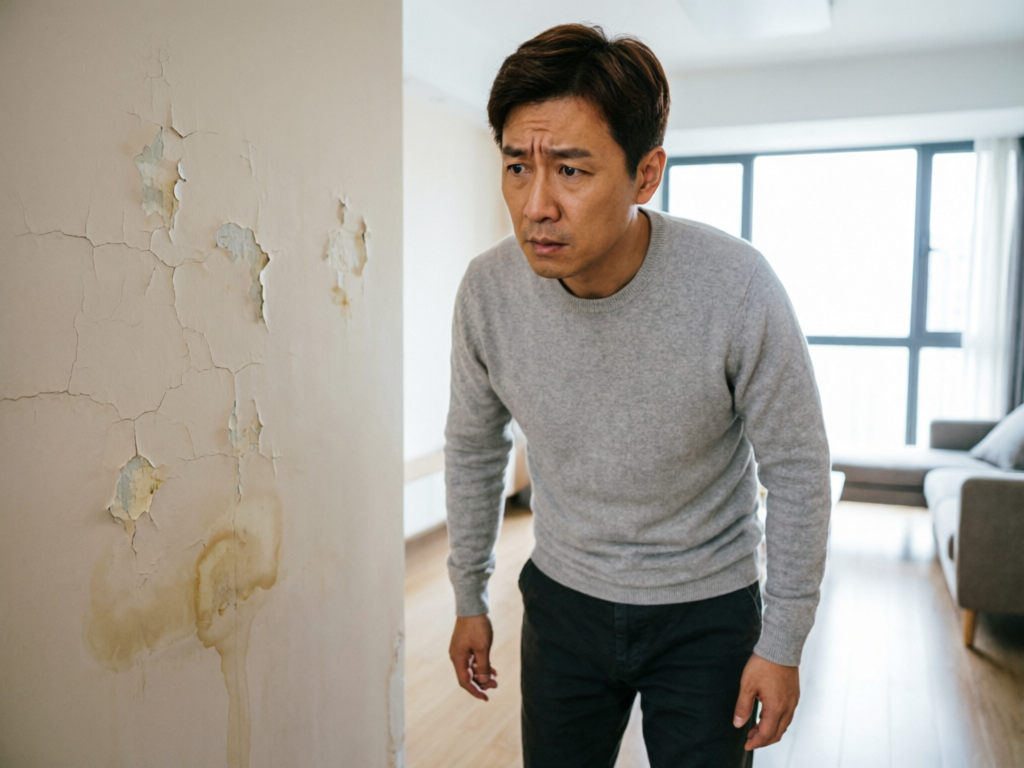 长沙墙面渗水现场：墙面出现水渍和涂料起皮脱落