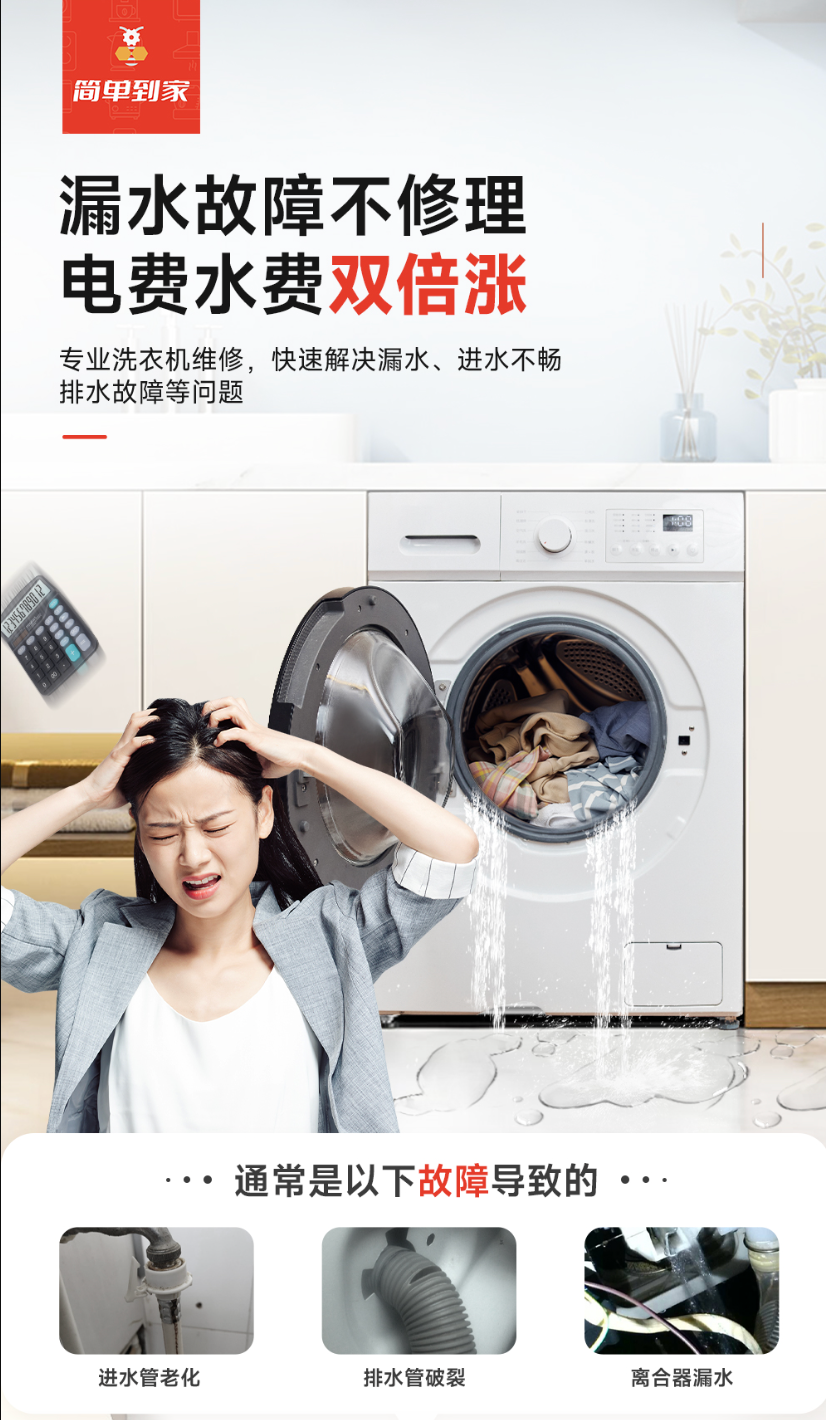 洗衣机漏水故障:女性焦虑表情+漏水场景+3种原因(进水管老化/排水管破裂/离合器漏水)