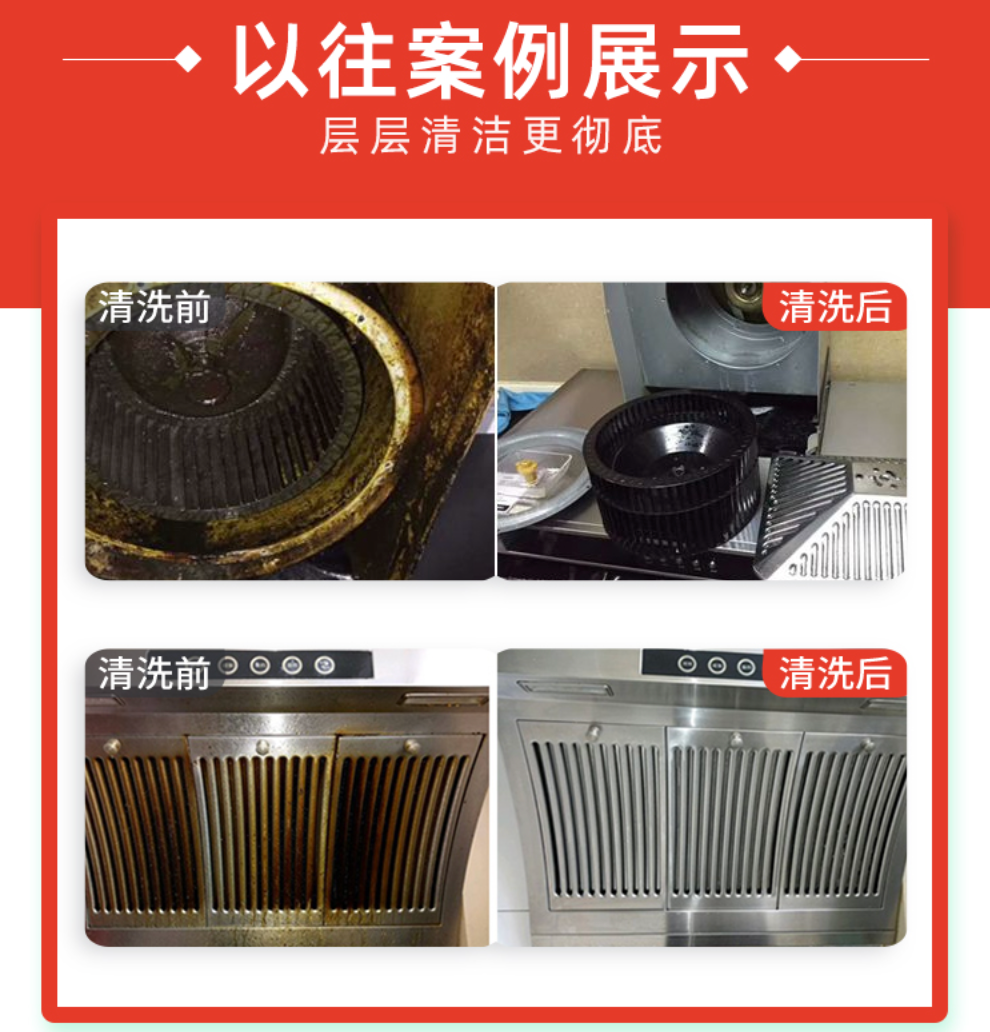 油烟机清洗前后对比：内部风轮+外部滤网，清洗前油垢厚重vs清洗后光亮如新